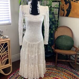 Margi Kent Designer to Stevie Nicks Vintage 80s Drop Waist Lace Midi Dress